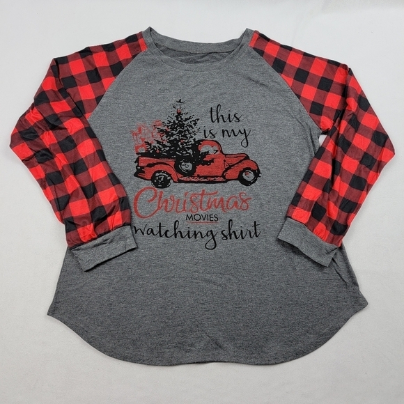 NWOT Buffalo plaid sleeve Christmas movie watching baseball tee long sleeve shir - Picture 1 of 4
